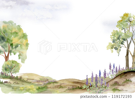 Scenery landscape of forest meadow rolling hills moorland, bushes flowers, lush green foliage tree, hand drawn in watercolor. Seamless banner for tourism, resort ads, hiking camping sites, vacation. Scenery landscape of forest meadow rolling hills moorland, bushes flowers, lush green foliage tree, hand drawn in watercolor. Seamless banner for tourism, resort ads, hiking camping sites, vacation. 119172193