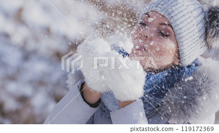 Female wearing warm outfit during winter 119172369