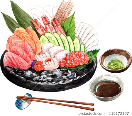 ocean sashimi big set, salmon, tuna, shrimp, engawa,ikura red caviar with wasabi and soy sauce Japanese food, watercolor painting hand-drawn illustration 119172507