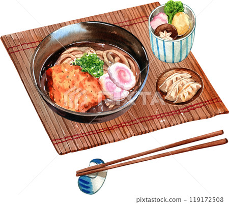 Udon pork katsu soyu, gyoza, simono clear soup Japanese food with chopsticks, watercolor painting hand-drawn illustration 119172508