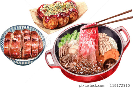 Unadon, Grilled eel, Sukiyaki, Takoyaki, watercolor painting hand-drawn illustration 119172510