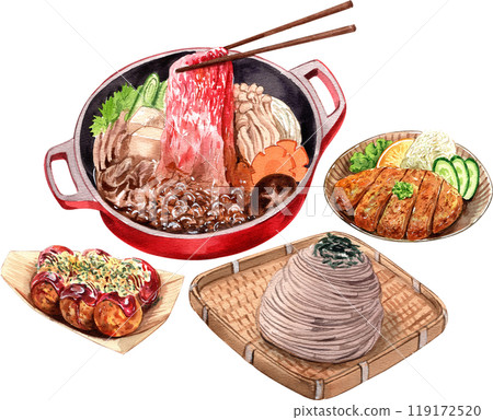 Sukiyaki, Takoyaki, Zaru Soba, chicken tonkatsu Japanese Food , watercolor painting hand-drawn illustration 119172520