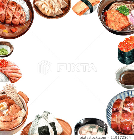Traditional Japanese Cuisine food ,Assorted Dishes, watercolor painting hand-drawn frame design 119172564