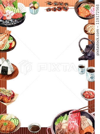 Traditional Japanese Cuisine food ,Assorted Dishes, watercolor painting hand-drawn frame design 119172568