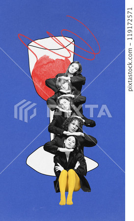 Poster. Contemporary art collage. Women stack their heads on each other's shoulders, forming tower beside giant wine glass. Unity. Poster. Contemporary art collage. Women stack their heads on each other's shoulders, forming tower beside giant wine glass. Unity. 119172571