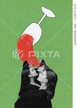 Poster. Contemporary art collage. Four women gaze upwards as wine spills from a giant glass above them against green background. Poster. Contemporary art collage. Four women gaze upwards as wine spills from a giant glass above them against green background. 119172572