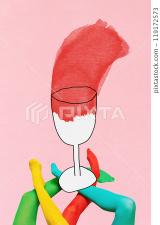 Poster. Contemporary art collage. Colorful legs cross beneath giant wine glass, abstract design suggesting vibrant interaction and energy in modern, surreal landscape. Poster. Contemporary art collage. Colorful legs cross beneath giant wine glass, abstract design suggesting vibrant interaction and energy in modern, surreal landscape. 119172573