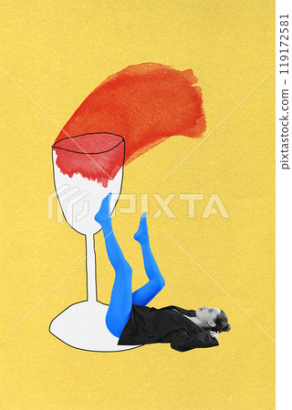 Poster. Contemporary art collage. Woman reclines, her legs extending toward abstract wine glass. Vibrant colors evoke sense of relaxation and creativity. Poster. Contemporary art collage. Woman reclines, her legs extending toward abstract wine glass. Vibrant colors evoke sense of relaxation and creativity. 119172581