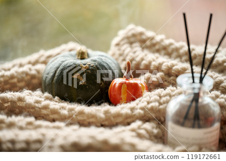 Autumn perfume machine, pumpkins decorated with pillows, warm home decor 119172661