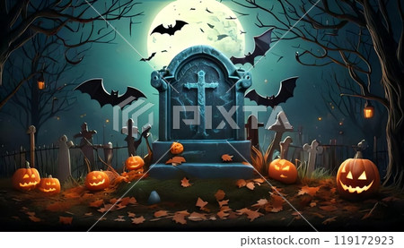 AI Image: Ghostly pumpkin and bats on a graveyard Halloween image 119172923