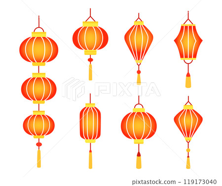 Chinese red holiday glowing lanterns set. Asian decoration. Design cartoon elements in flat style. Vector illustration 119173040