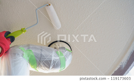 Image of exterior wall painting | A worker protects the drainage pipe and paints the exterior wall (eaves ceiling) Image of exterior wall painting | A worker protects the drainage pipe and paints the exterior wall (eaves ceiling) 119173603