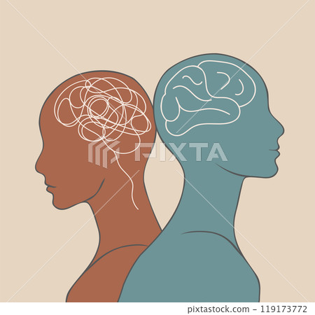 2 Head silhouette. Metaphor bipolar disorder mind mental. Double face with tangle and untangle brain. Concept mood disorder.Split personality. Psychology. Mental health. Psychiatry 119173772