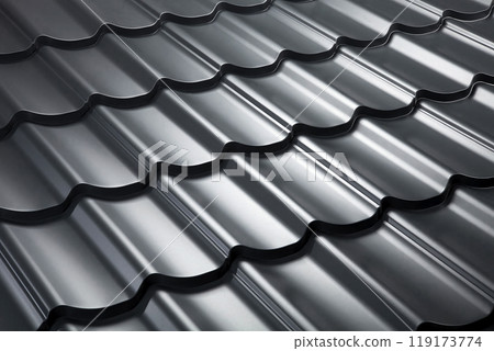 Close-up view lightweight galvanised steel roofing sheet. Modular tile effect roof panel. Traditional metal shingle tiles. Popular profiled metallic pantile mimic clay or concrete slate 119173774