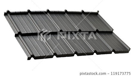 Lightweight black steel roofing sheet isolated on white background. Modular tile effect roof panel. Traditional metal shingle tiles. Popular profiled metallic pantile mimic clay or concrete slate Lightweight black steel roofing sheet isolated on white background. Modular tile effect roof panel. Traditional metal shingle tiles. Popular profiled metallic pantile mimic clay or concrete slate 119173775