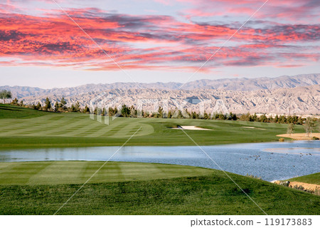 golf courseat sunset  in palm springs, california 119173883