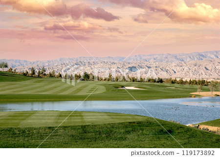 golf courseat sunset  in palm springs, california 119173892