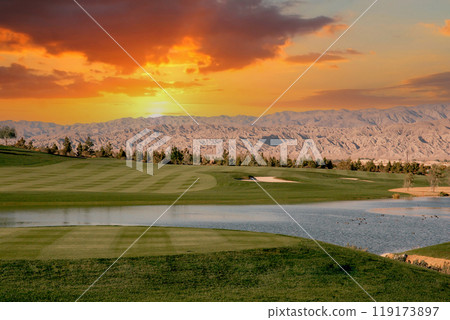 golf courseat sunset  in palm springs, california 119173897