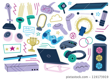 Gaming gadgets vector illustrations set, headphones, game controllers, laptops and microphones. Streaming gear collection. Modern flat cartoon style, perfect for esports, gaming setups, and tech 119173919