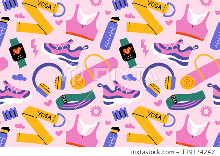Sports vector pattern with fitness gear, seamless print with sneakers, yoga mats, water bottles, and accessories. Fun flat cartoon design, ideal for activewear, gym, and wellness themed collections 119174247