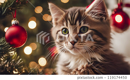 Tabby kitten playing with red Christmas ornament on decorated tree Festive mood and Christmas spirit Tabby kitten playing with red Christmas ornament on decorated tree Festive mood and Christmas spirit 119174450