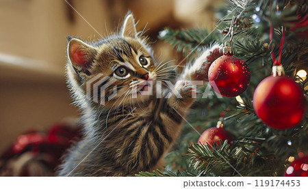 Tabby kitten playing with red Christmas ornament on decorated tree Festive mood and Christmas spirit 119174453