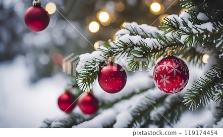 Christmas decorations, assorted balls pine branches with snow and warm bokeh lights 119174454