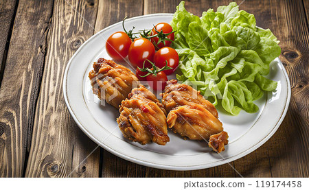 Fried chicken in batter with multi-colored cherry tomatoes and fresh herbs on a light background. 119174458