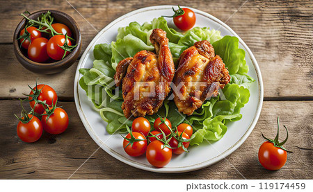 Fried chicken in batter with multi-colored cherry tomatoes and fresh herbs on a light background. 119174459