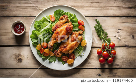 Fried chicken in batter with multi-colored cherry tomatoes and fresh herbs on a light background. Fried chicken in batter with multi-colored cherry tomatoes and fresh herbs on a light background. 119174460