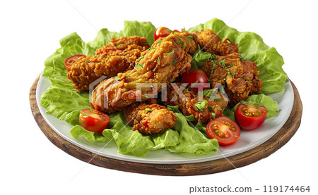 Fried chicken in batter with multi-colored cherry tomatoes and fresh herbs on a light background. 119174464