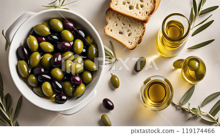 Olive oil is poured from a bottle into a bowl. There are slices of bread nearby. Olive oil is poured from a bottle into a bowl. There are slices of bread nearby. 119174466