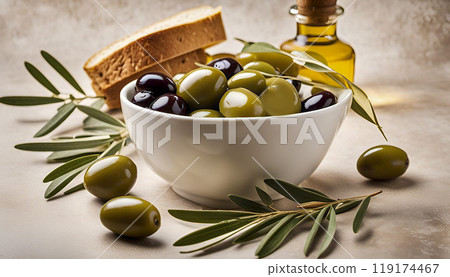 Olive oil is poured from a bottle into a bowl. There are slices of bread nearby. 119174467