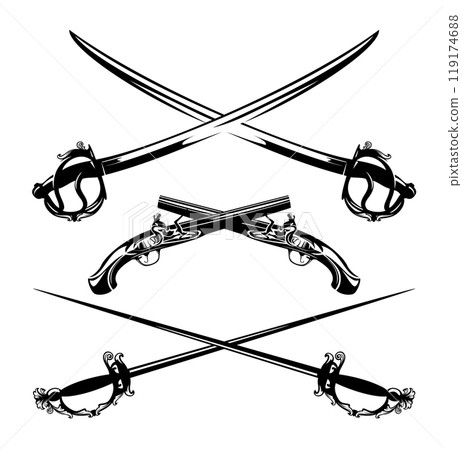 crossed dueling pistols, saber swords and epees vector set 119174688