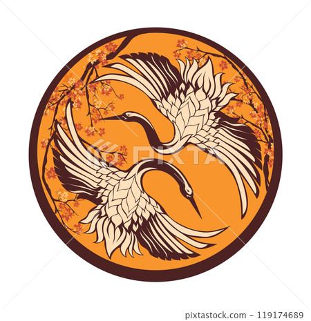 two japanese crane birds with spread wings inside round vector emblem with autumn maple tree branches two japanese crane birds with spread wings inside round vector emblem with autumn maple tree branches 119174689