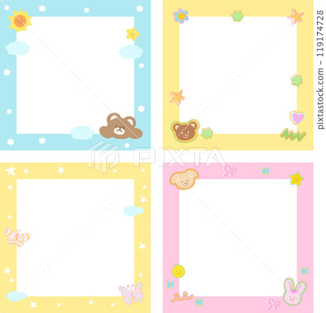 Pastel frame set with teddy bear, puppy, bunny, butterfly for background, wallpaper, polaroid photo, square ad template, social media post, notepad, sticky note, memo, paper design, book cover, card	 119174728