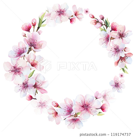 Frame with watercolor pink cherry flowers and green leaves, wedding sakura isolated illustration 119174737