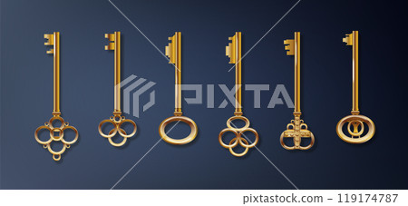 Key 3d realistic golden old vintage. Old luxury escape room keys. Vector 119174787