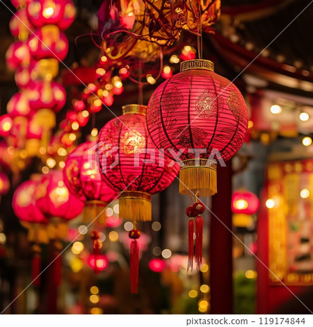 A vibrant bunch of beautiful red lanterns are hanging from the ceiling A vibrant bunch of beautiful red lanterns are hanging from the ceiling 119174844