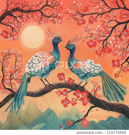Two peacocks are perched on a branch with vibrant red flowers 119174849