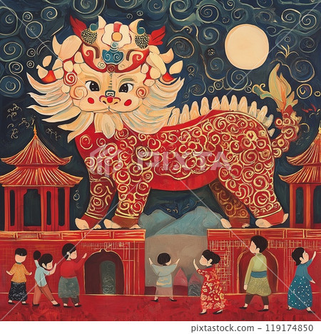 Closeup of a lion costume with beautiful lanterns in the back 119174850