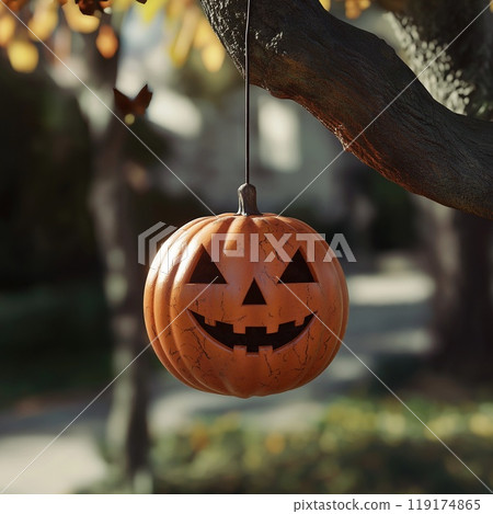 A spooky Halloween pumpkin is dangling from a tree branch above 119174865