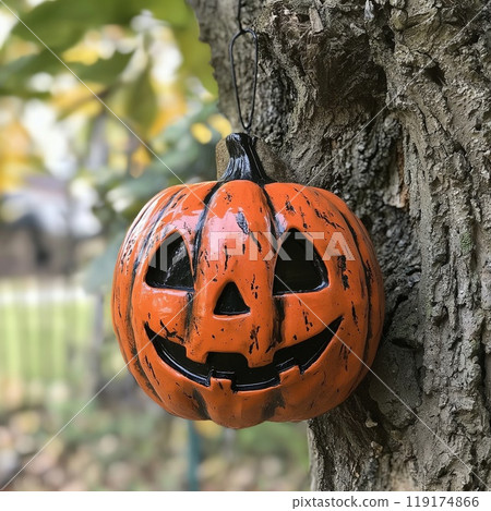 A spooky Halloween pumpkin is dangling from a tree branch above 119174866