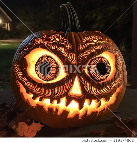 A beautifully carved Halloween pumpkin is illuminated in the darkness A beautifully carved Halloween pumpkin is illuminated in the darkness 119174868