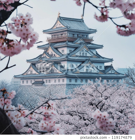 A castle surrounded by cherry blossoms mirrors in the water 119174879