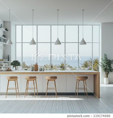 A spacious kitchen featuring a large island and a dining table area 119174880