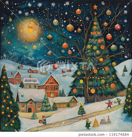 A painting of a Christmas scene with a tree in the foreground 119174884