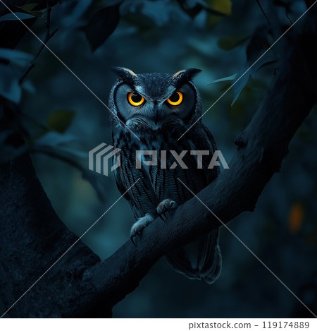 A black owl with orange eyes perches on a tree branch, observing 119174889