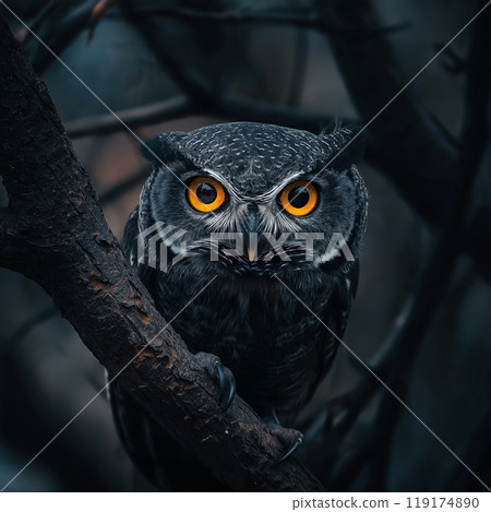 A black owl with orange eyes perches on a tree branch, observing 119174890