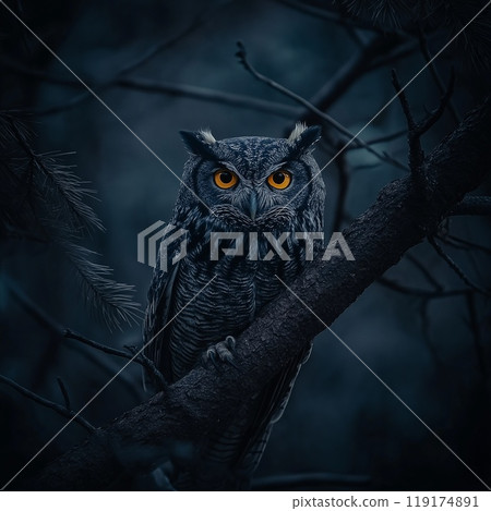 A black owl with orange eyes perches on a tree branch, observing 119174891